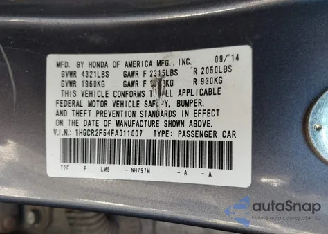 2015 Honda Accord Sport from USA, damaged, VIN 1HGCR2F54FA011007
